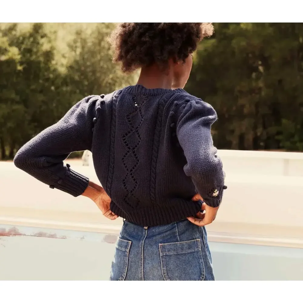 Doen Forget Me Not Cable Knit Floral Cardigan Navy Blue Size Small